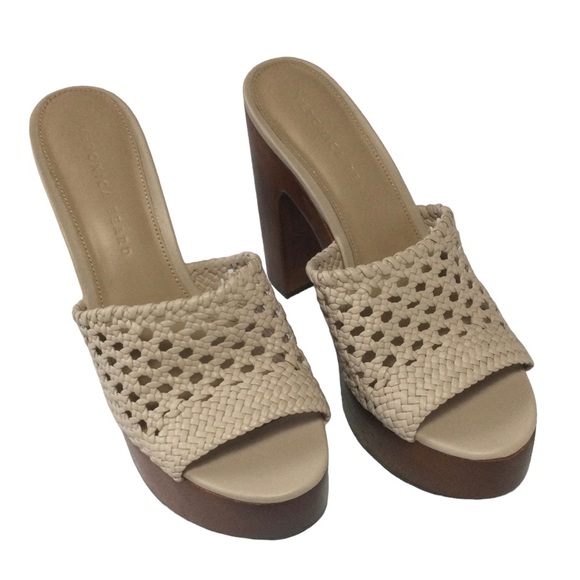Veronica Beard Guadalupe Woven Leather Wooden-Heel Mules in Shell Women’s Size 8 - Picture 2 of 11